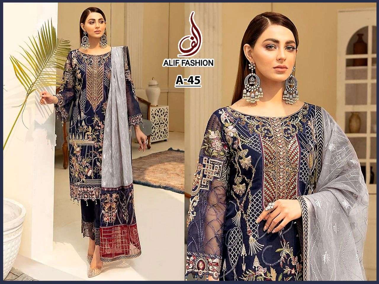 ALIF HIT DESIGN A-45 BY ALIF FASHION PAKISTANI SUITS BEAUTIFUL FANCY COLORFUL STYLISH PARTY WEAR & OCCASIONAL WEAR FAUX GEORGETTE EMBROIDERY DRESSES AT WHOLESALE PRICE