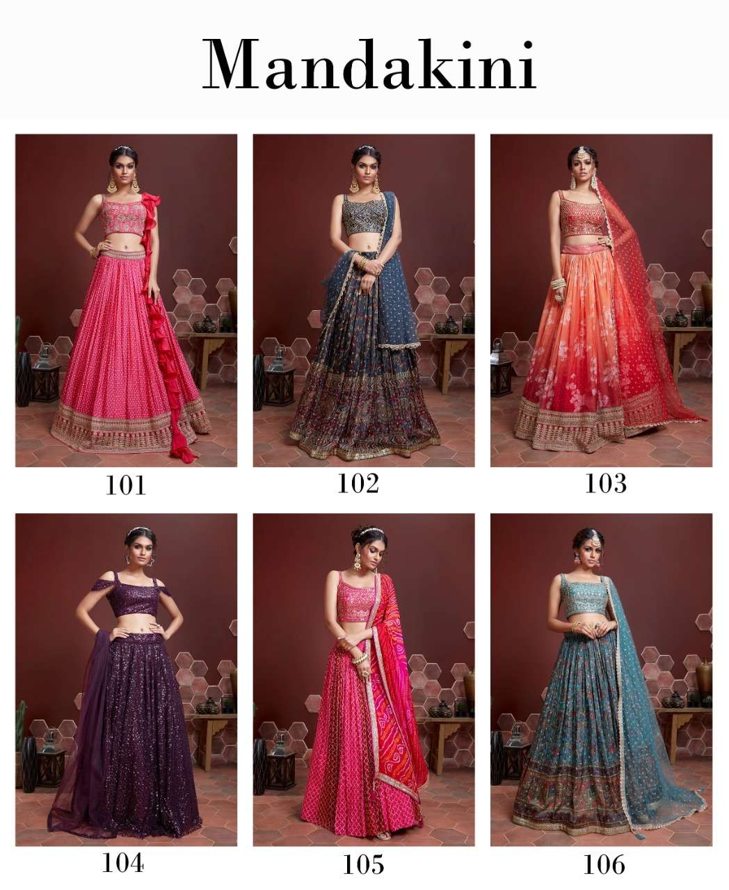 Mandakini By Fashid Wholesale 101 To 106 Series Beautiful Colorful Fancy Wedding Collection Occasional Wear & Party Wear Chinnon Silk/Soft Net Lehengas At Wholesale Price