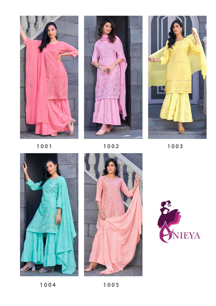 KAVYA BY ANIEYA 1001 TO 1005 SERIES BEAUTIFUL SHARARA SUITS COLORFUL STYLISH FANCY CASUAL WEAR & ETHNIC WEAR GEORGETTE WITH WORK DRESSES AT WHOLESALE PRICE
