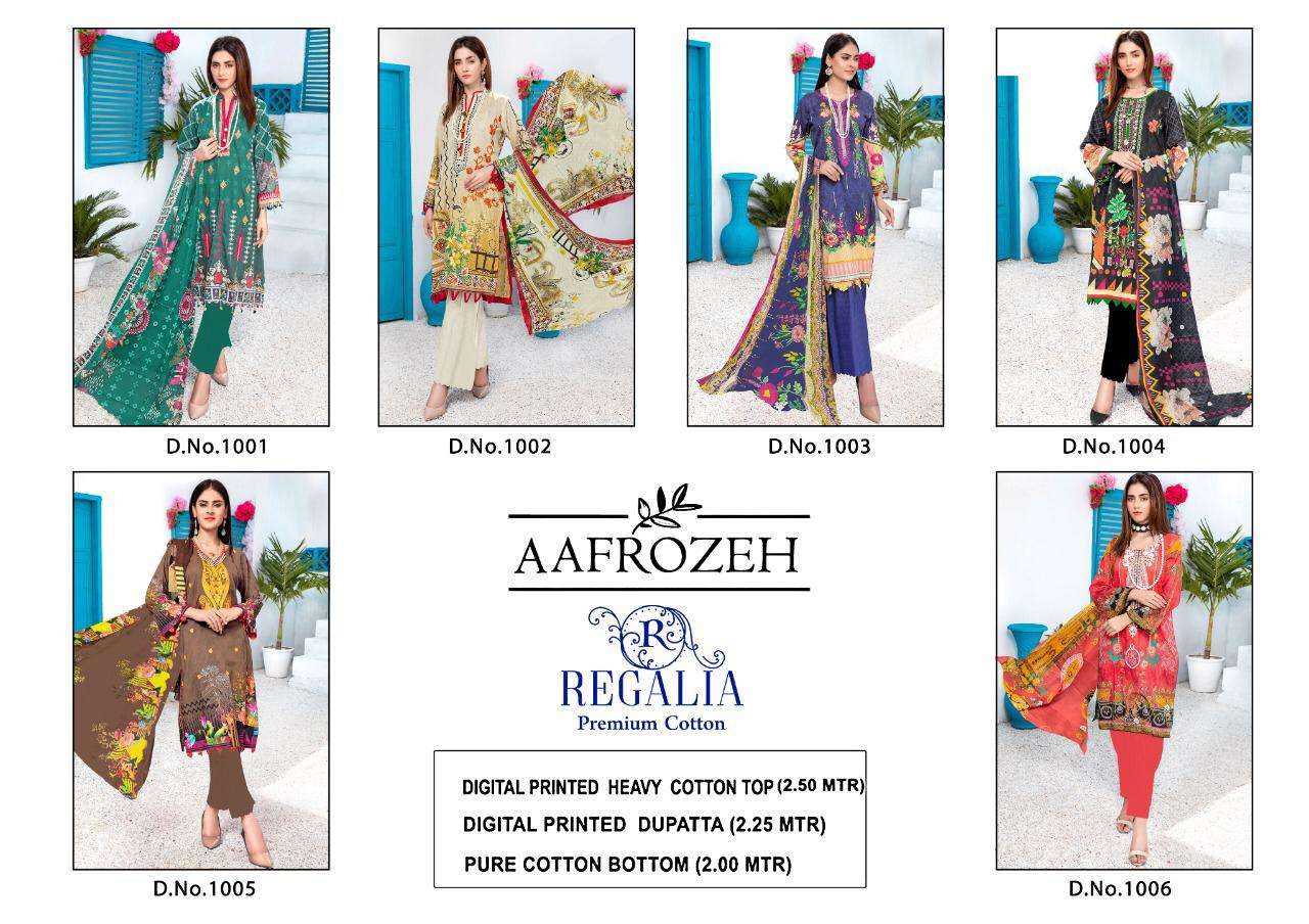 Aafrozeh By Regalia 1001 To 1006 Series Beautiful Stylish Suits Fancy Colorful Casual Wear & Ethnic Wear & Ready To Wear Heavy Cotton Printed Dresses At Wholesale Price