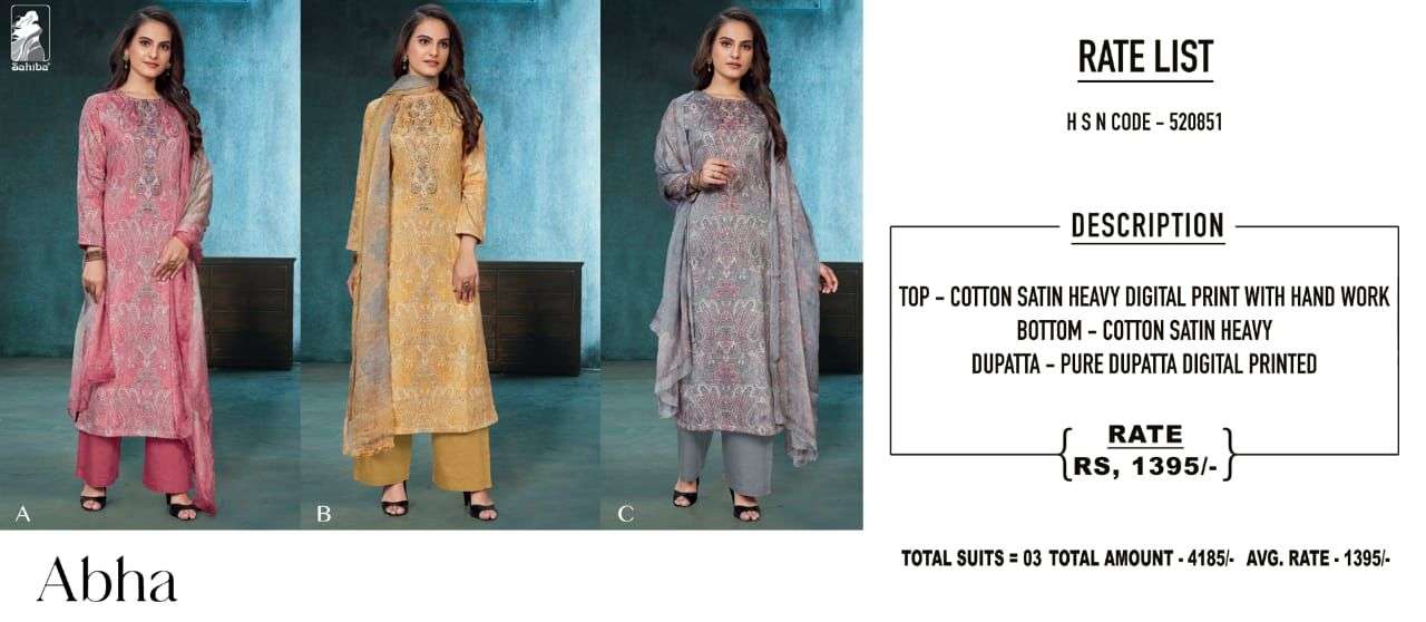 ABHA BY SAHIBA FABRICS A TO C SERIES BEAUTIFUL SUITS COLORFUL STYLISH FANCY CASUAL WEAR & ETHNIC WEAR COTTON SATIN PRINT DRESSES AT WHOLESALE PRICE