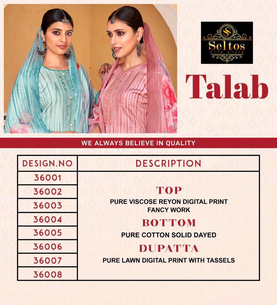 TALAB BY SELTOS 36001 TO 36008 SERIES BEAUTIFUL SUITS COLORFUL STYLISH FANCY CASUAL WEAR & ETHNIC WEAR PURE VISCOSE RAYON PRINT DRESSES AT WHOLESALE PRICE