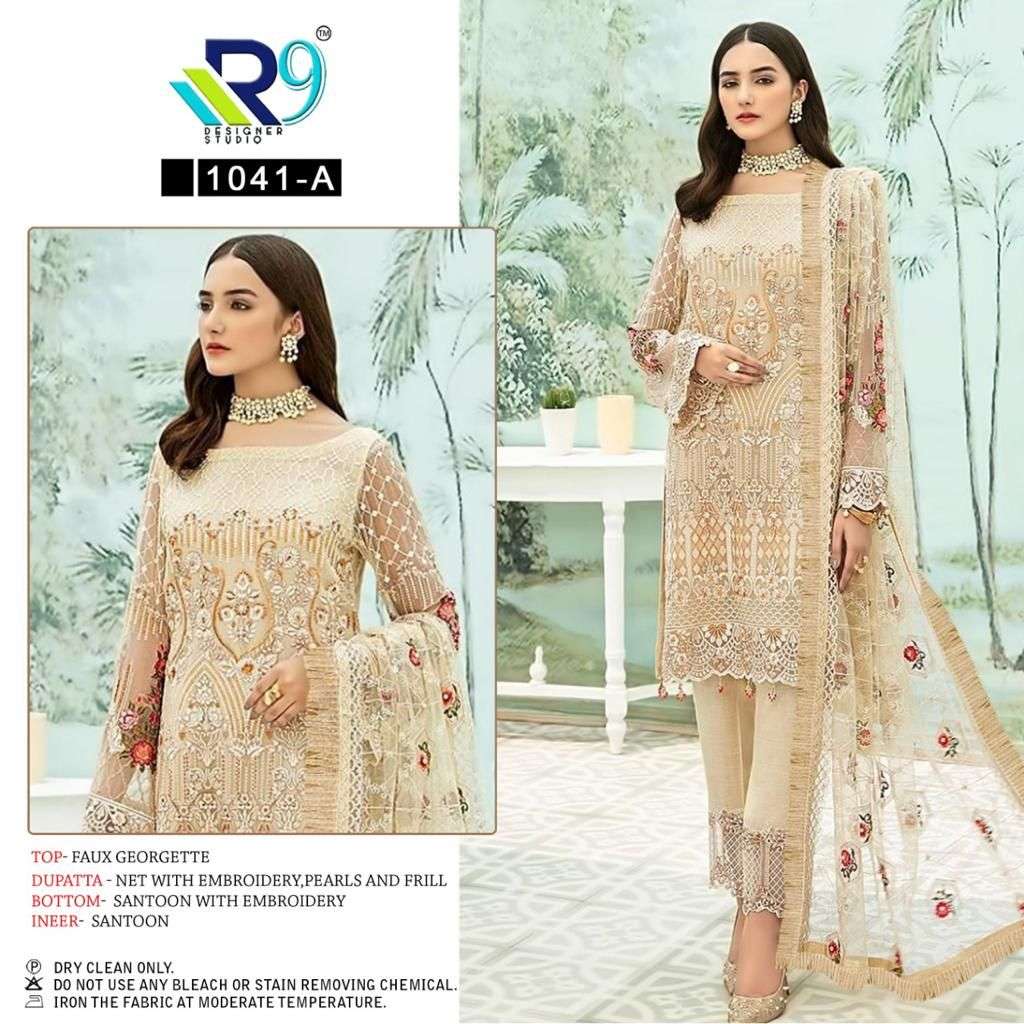 R9 1041 COLOURS BY R9 1041-A TO 1041-D SERIES DESIGNER PAKISTANI SUITS BEAUTIFUL STYLISH FANCY COLORFUL PARTY WEAR & OCCASIONAL WEAR FAUX GEORGETTE EMBROIDERED DRESSES AT WHOLESALE PRICE