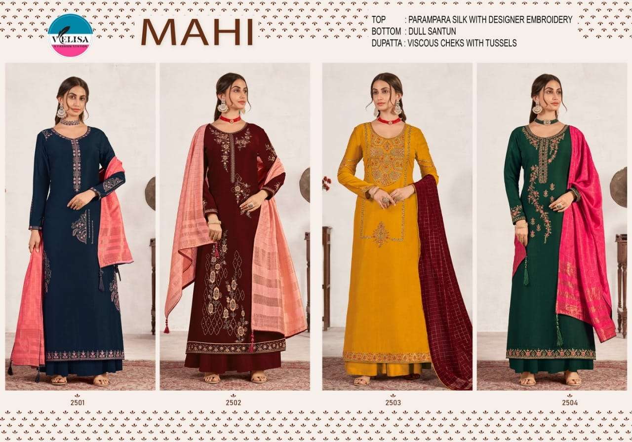 MAHI BY VELISA 2501 TO 2504 SERIES BEAUTIFUL SUITS COLORFUL STYLISH FANCY CASUAL WEAR & ETHNIC WEAR PURE SILK WITH WORK DRESSES AT WHOLESALE PRICE