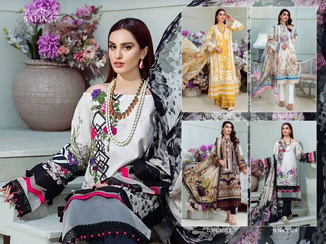 FIRDOUS VOL-6 BY SAFINAZ 1001 TO 1004 SERIES BEAUTIFUL PAKISTANI SUITS STYLISH FANCY COLORFUL PARTY WEAR & OCCASIONAL WEAR PURE LAWN COTTON WITH EMBROIDERY DRESSES AT WHOLESALE PRICE