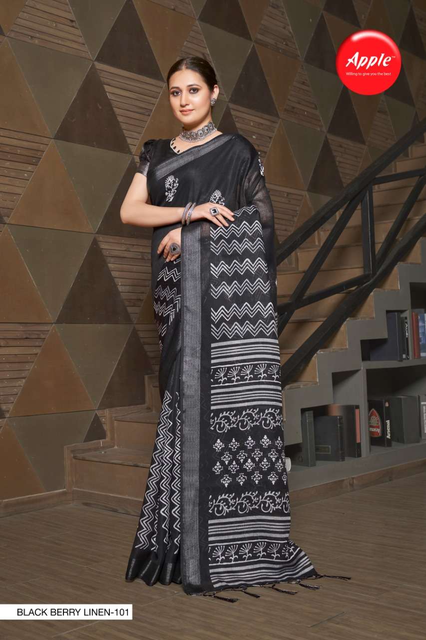 BLACK BERRY LINEN BY APPLE 101 TO 108 SERIES INDIAN TRADITIONAL WEAR COLLECTION BEAUTIFUL STYLISH FANCY COLORFUL PARTY WEAR & OCCASIONAL WEAR PURE LINEN SAREES AT WHOLESALE PRICE