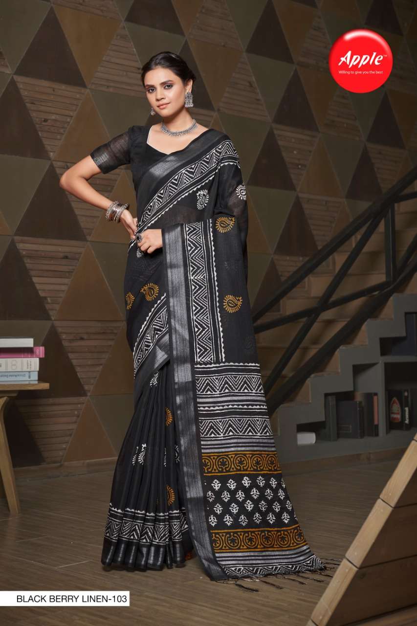 BLACK BERRY LINEN BY APPLE 101 TO 108 SERIES INDIAN TRADITIONAL WEAR COLLECTION BEAUTIFUL STYLISH FANCY COLORFUL PARTY WEAR & OCCASIONAL WEAR PURE LINEN SAREES AT WHOLESALE PRICE