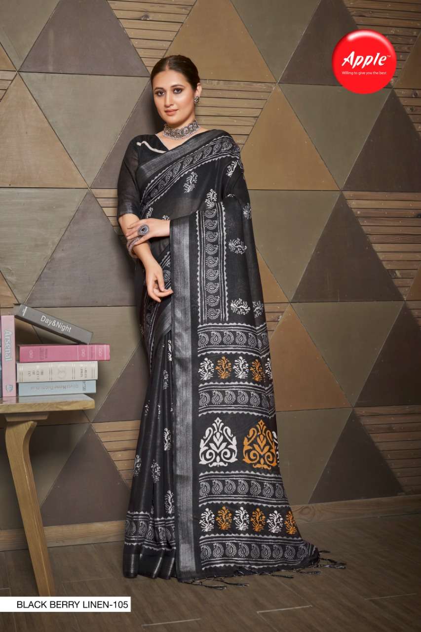 BLACK BERRY LINEN BY APPLE 101 TO 108 SERIES INDIAN TRADITIONAL WEAR COLLECTION BEAUTIFUL STYLISH FANCY COLORFUL PARTY WEAR & OCCASIONAL WEAR PURE LINEN SAREES AT WHOLESALE PRICE