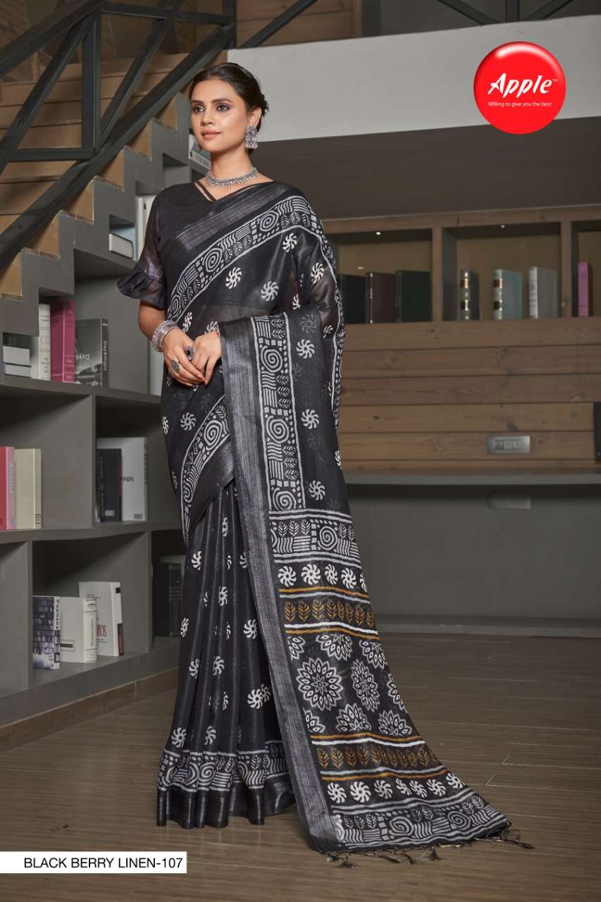 BLACK BERRY LINEN BY APPLE 101 TO 108 SERIES INDIAN TRADITIONAL WEAR COLLECTION BEAUTIFUL STYLISH FANCY COLORFUL PARTY WEAR & OCCASIONAL WEAR PURE LINEN SAREES AT WHOLESALE PRICE