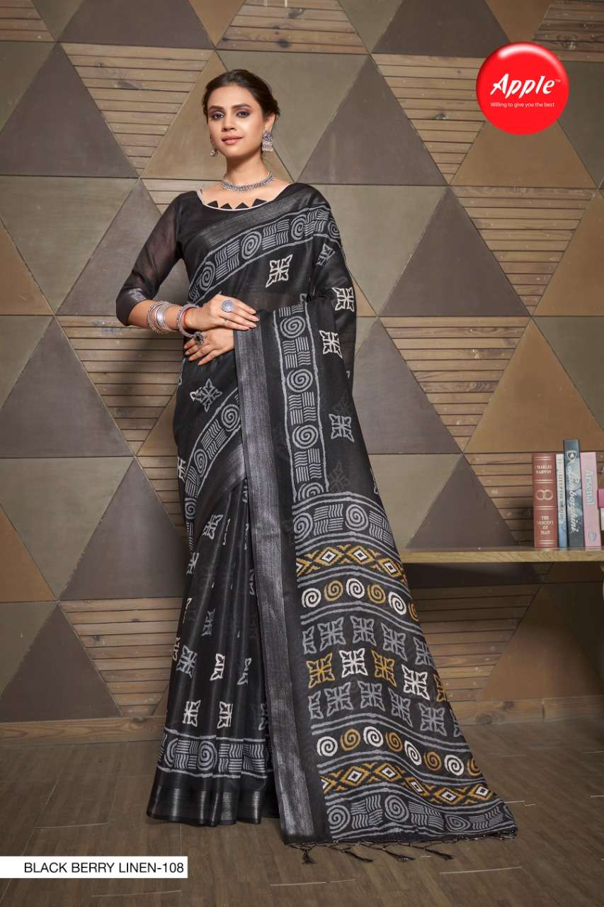 BLACK BERRY LINEN BY APPLE 101 TO 108 SERIES INDIAN TRADITIONAL WEAR COLLECTION BEAUTIFUL STYLISH FANCY COLORFUL PARTY WEAR & OCCASIONAL WEAR PURE LINEN SAREES AT WHOLESALE PRICE