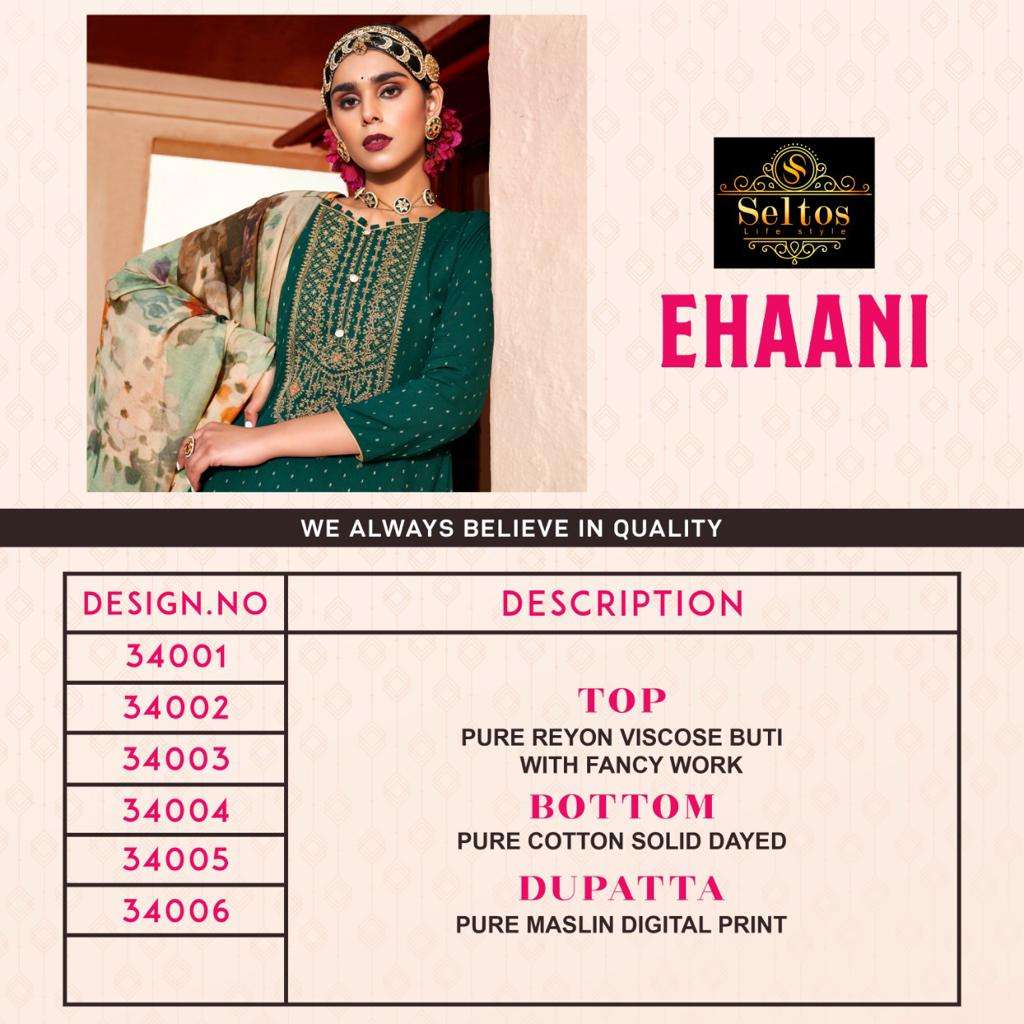 EHAANI BY SELTOS 34001 TO 34006 SERIES BEAUTIFUL SUITS COLORFUL STYLISH FANCY CASUAL WEAR & ETHNIC WEAR VISCOSE RAYON SILK DRESSES AT WHOLESALE PRICE