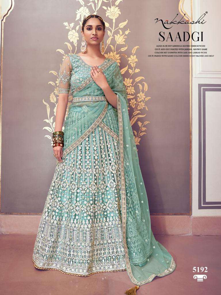 SAADGI BY NAKKASHI 5191 TO 5198 SERIES DESIGNER BEAUTIFUL NAVRATRI COLLECTION OCCASIONAL WEAR & PARTY WEAR NET LEHENGAS AT WHOLESALE PRICE