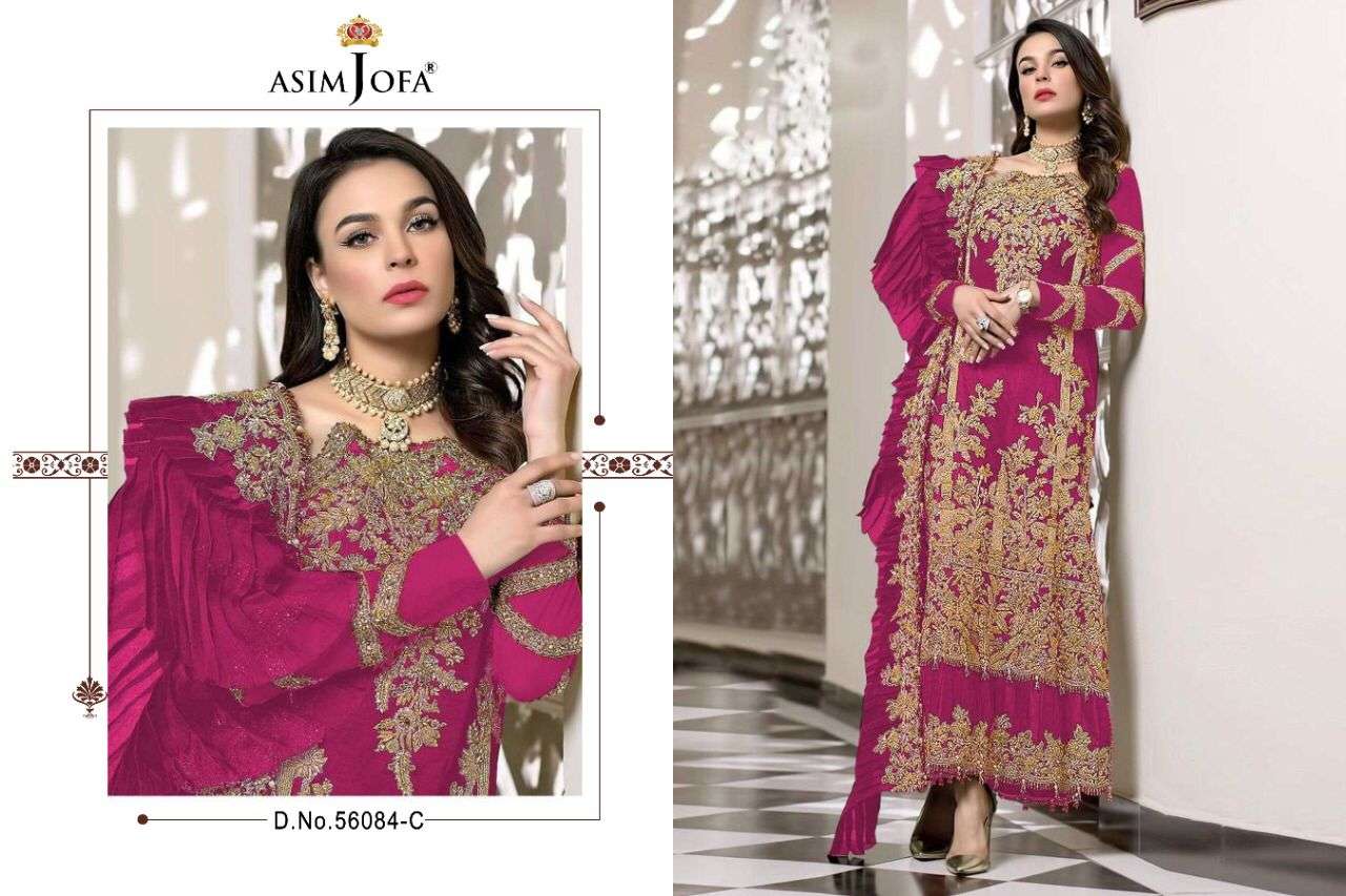 ASIM JOFA HIT DESIGN 56084 COLOURS BY ASIM JOFA 56084-A TO 56084-D SERIES BEAUTIFUL SUITS STYLISH COLORFUL FANCY CASUAL WEAR & ETHNIC WEAR GEORGETTE EMBROIDERED DRESSES AT WHOLESALE PRICE