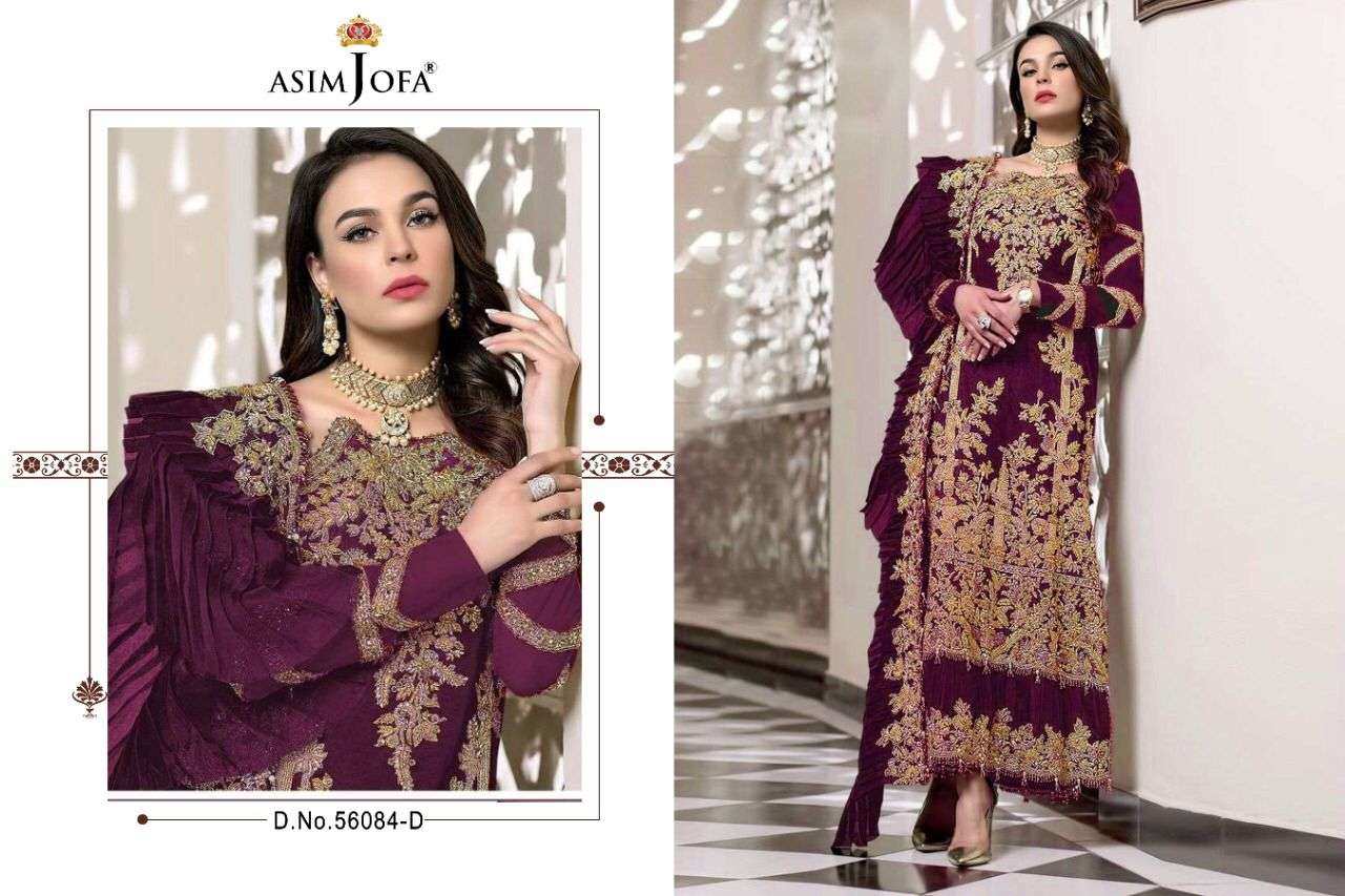 ASIM JOFA HIT DESIGN 56084 COLOURS BY ASIM JOFA 56084-A TO 56084-D SERIES BEAUTIFUL SUITS STYLISH COLORFUL FANCY CASUAL WEAR & ETHNIC WEAR GEORGETTE EMBROIDERED DRESSES AT WHOLESALE PRICE