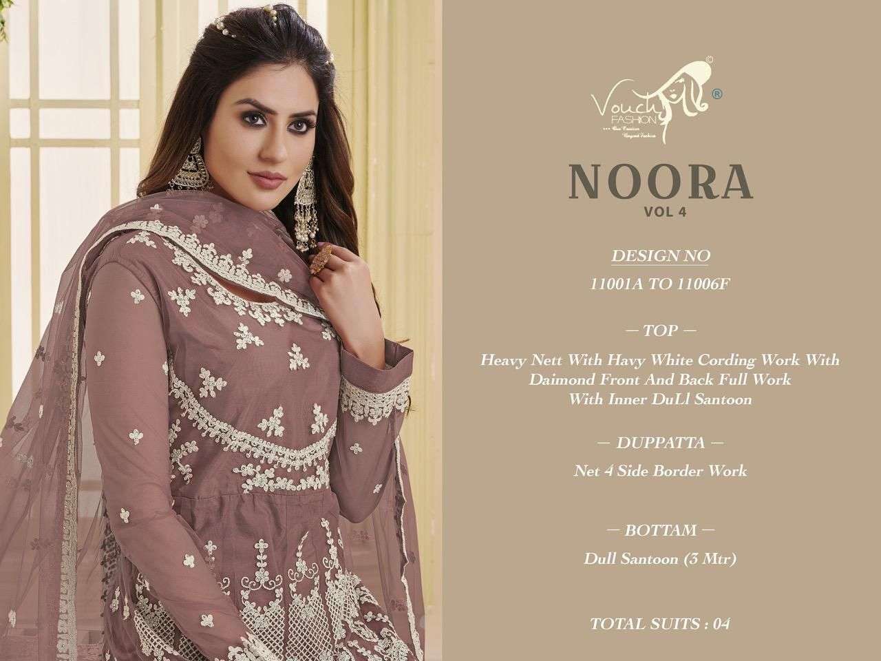 NOORA VOL-4 BY VOUCHE 11001 TO 11006 SERIES BEAUTIFUL ANARKALI SUITS COLORFUL STYLISH FANCY CASUAL WEAR & ETHNIC WEAR HEAVY NET EMBROIDERED DRESSES AT WHOLESALE PRICE