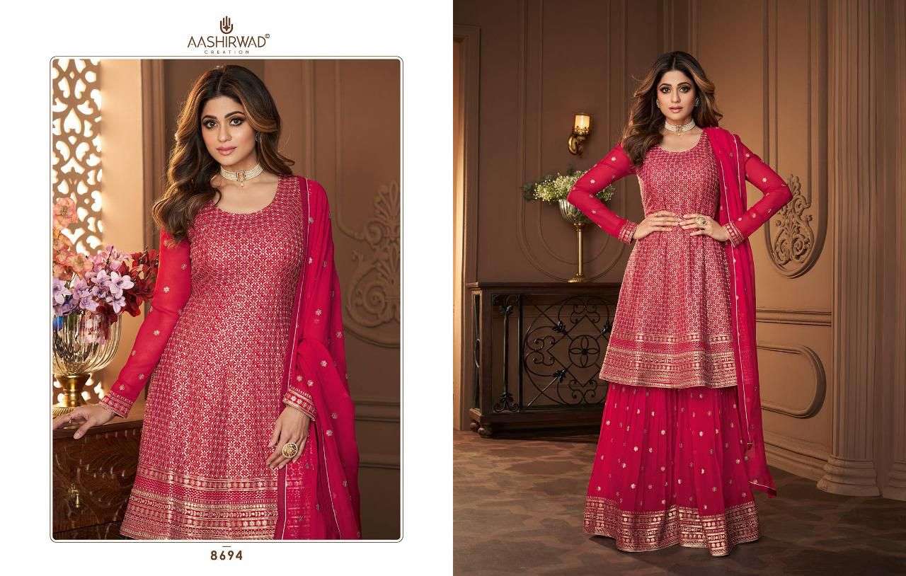 Heroine By Aashirwad Creation 8694 To 8697 Series Beautiful Stylish Sharara Suits Fancy Colorful Casual Wear & Ethnic Wear & Ready To Wear Real Georgette Embroidered Dresses At Wholesale Price