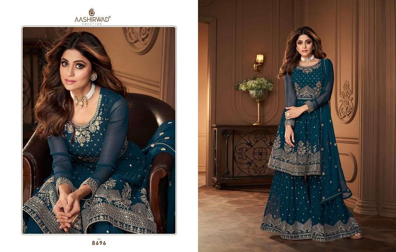 Heroine By Aashirwad Creation 8694 To 8697 Series Beautiful Stylish Sharara Suits Fancy Colorful Casual Wear & Ethnic Wear & Ready To Wear Real Georgette Embroidered Dresses At Wholesale Price