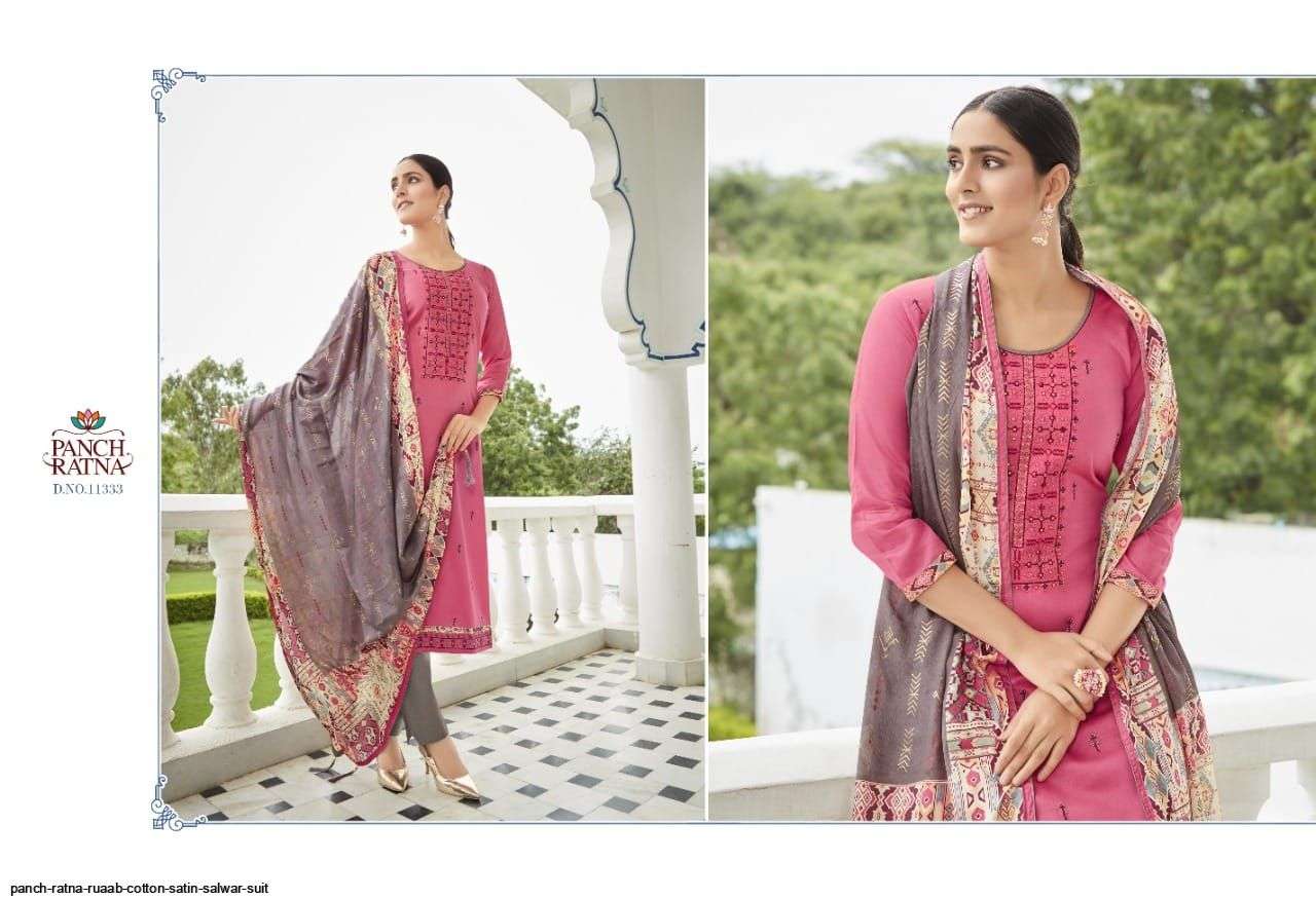 RUAAB BY PANCH RATNA 11331 TO 11335 SERIES BEAUTIFUL SUITS COLORFUL STYLISH FANCY CASUAL WEAR & ETHNIC WEAR COTTON SATIN DRESSES AT WHOLESALE PRICE