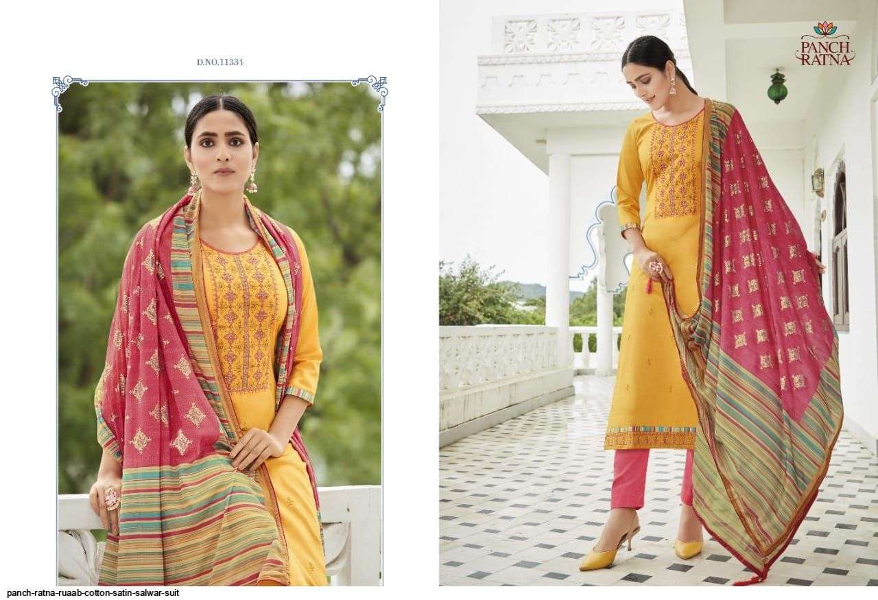 RUAAB BY PANCH RATNA 11331 TO 11335 SERIES BEAUTIFUL SUITS COLORFUL STYLISH FANCY CASUAL WEAR & ETHNIC WEAR COTTON SATIN DRESSES AT WHOLESALE PRICE