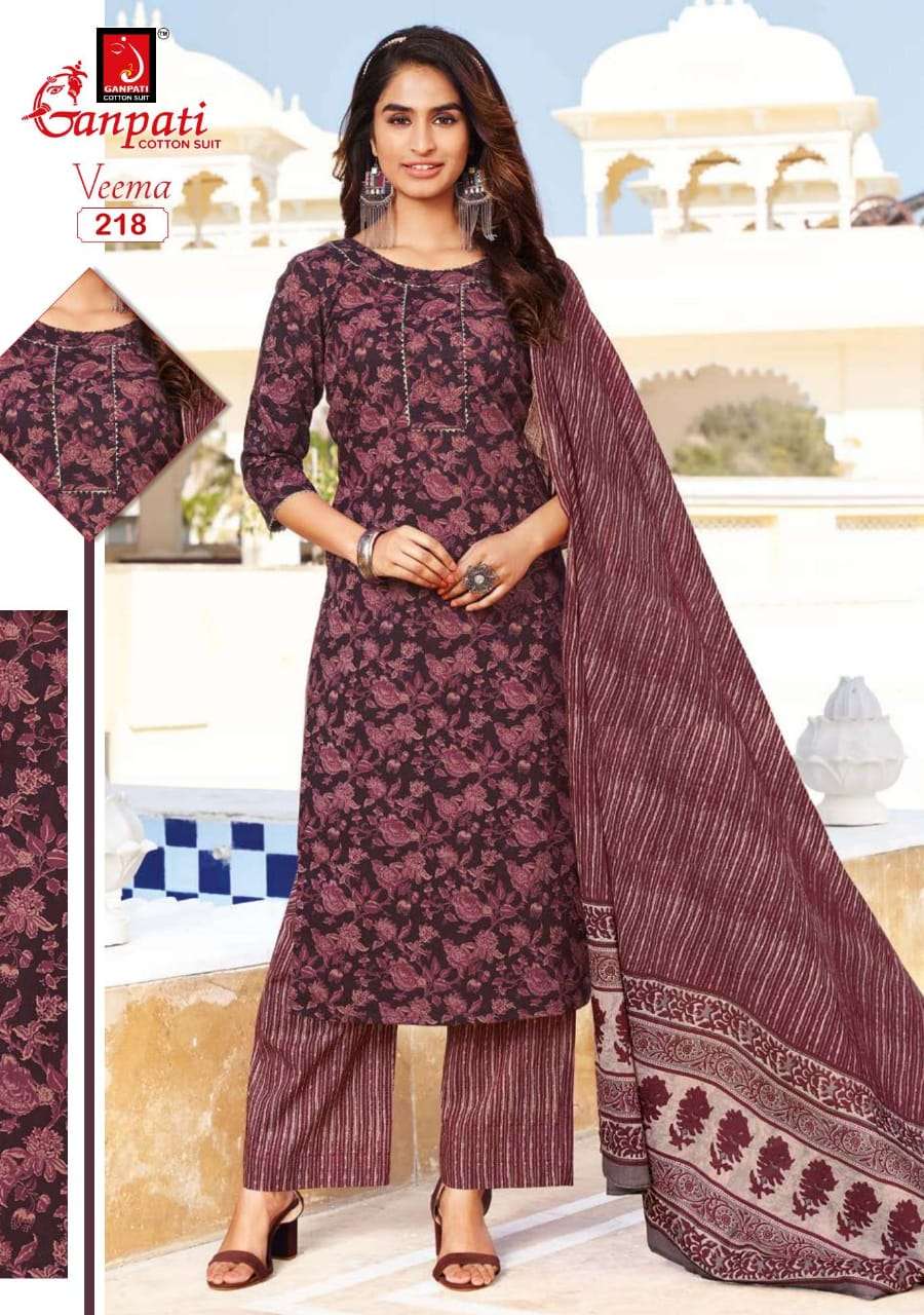 VEEMA BY GANPATI COTTON SUIT 216 TO 230 SERIES BEAUTIFUL STYLISH SUITS FANCY COLORFUL CASUAL WEAR & ETHNIC WEAR & READY TO WEAR PURE COTTON DRESSES AT WHOLESALE PRICE
