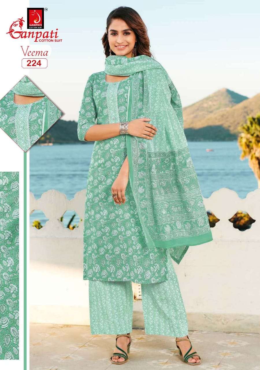 VEEMA BY GANPATI COTTON SUIT 216 TO 230 SERIES BEAUTIFUL STYLISH SUITS FANCY COLORFUL CASUAL WEAR & ETHNIC WEAR & READY TO WEAR PURE COTTON DRESSES AT WHOLESALE PRICE