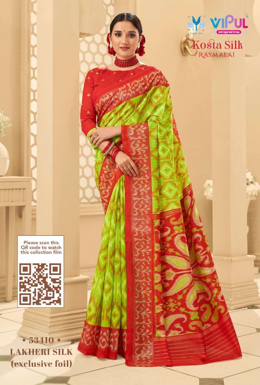 KOSTA SILK BY VIPUL FASHION 53406 TO 53423 SERIES INDIAN TRADITIONAL WEAR COLLECTION BEAUTIFUL STYLISH FANCY COLORFUL PARTY WEAR & OCCASIONAL WEAR COTTON SILK SAREES AT WHOLESALE PRICE
