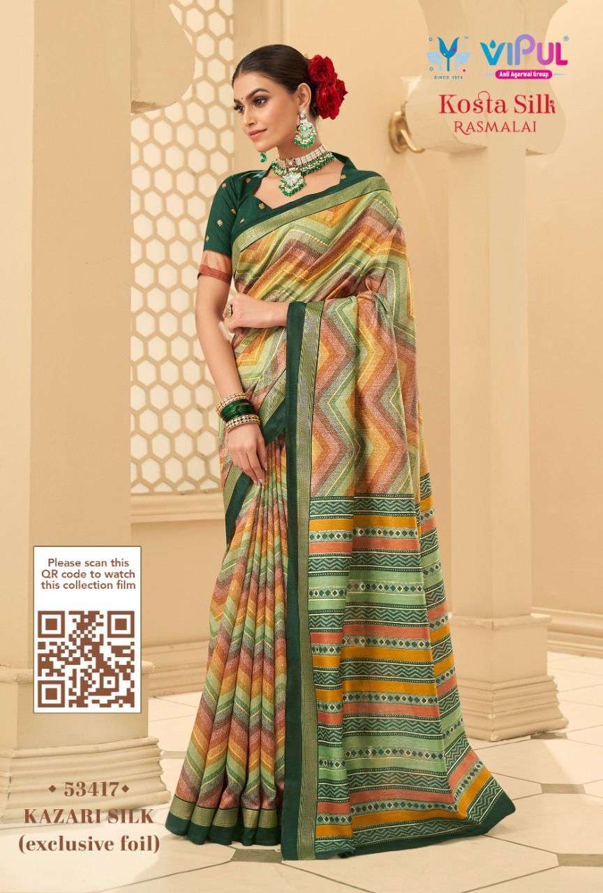 KOSTA SILK BY VIPUL FASHION 53406 TO 53423 SERIES INDIAN TRADITIONAL WEAR COLLECTION BEAUTIFUL STYLISH FANCY COLORFUL PARTY WEAR & OCCASIONAL WEAR COTTON SILK SAREES AT WHOLESALE PRICE