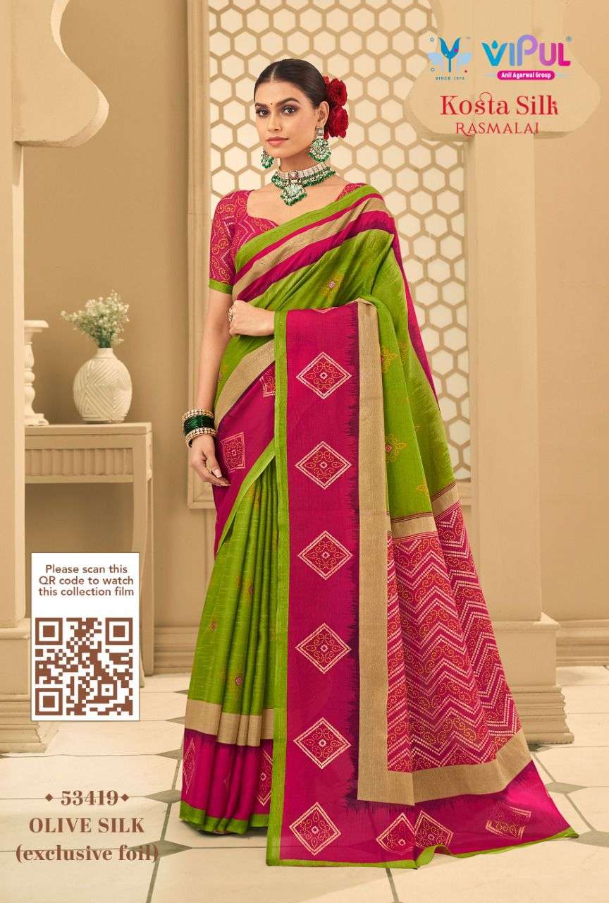 KOSTA SILK BY VIPUL FASHION 53406 TO 53423 SERIES INDIAN TRADITIONAL WEAR COLLECTION BEAUTIFUL STYLISH FANCY COLORFUL PARTY WEAR & OCCASIONAL WEAR COTTON SILK SAREES AT WHOLESALE PRICE