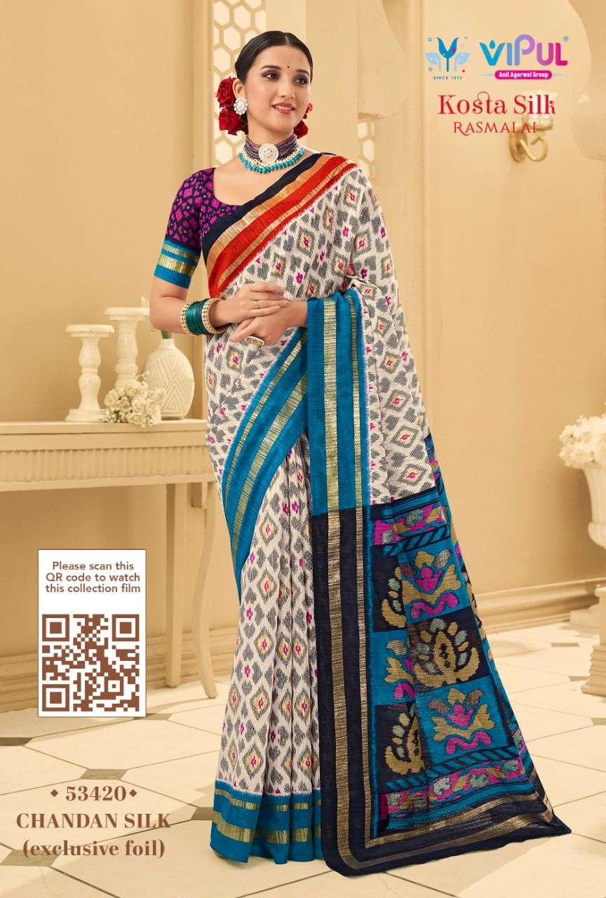 KOSTA SILK BY VIPUL FASHION 53406 TO 53423 SERIES INDIAN TRADITIONAL WEAR COLLECTION BEAUTIFUL STYLISH FANCY COLORFUL PARTY WEAR & OCCASIONAL WEAR COTTON SILK SAREES AT WHOLESALE PRICE