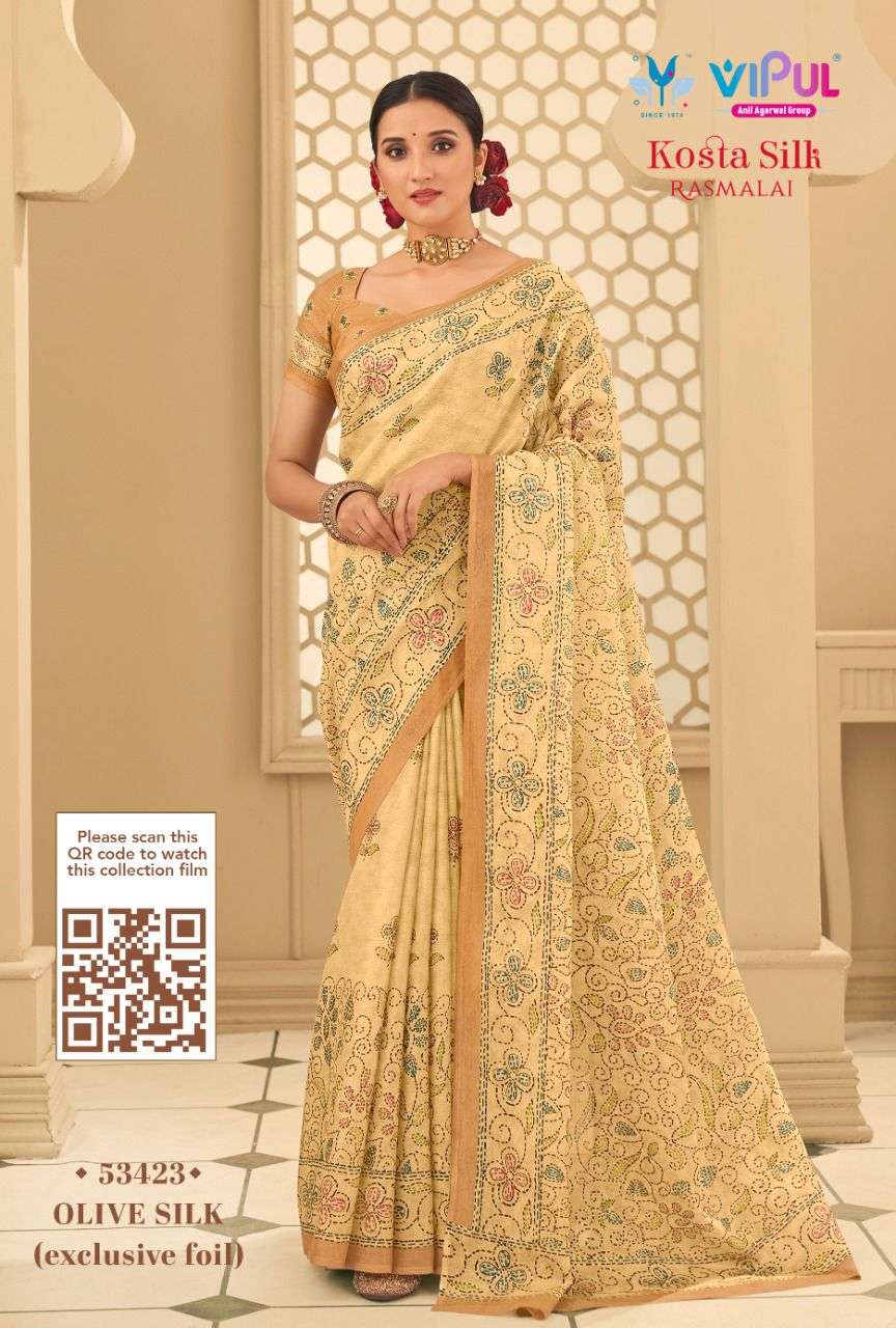 KOSTA SILK BY VIPUL FASHION 53406 TO 53423 SERIES INDIAN TRADITIONAL WEAR COLLECTION BEAUTIFUL STYLISH FANCY COLORFUL PARTY WEAR & OCCASIONAL WEAR COTTON SILK SAREES AT WHOLESALE PRICE