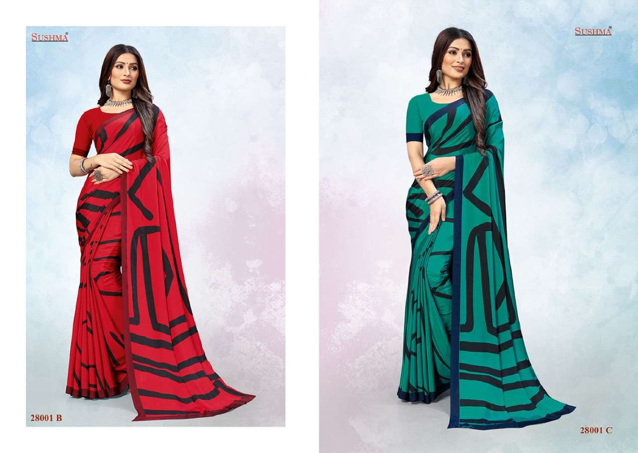 COLORS BY SUSHMA 28001-A TO 28002-C SERIES INDIAN TRADITIONAL WEAR COLLECTION BEAUTIFUL STYLISH FANCY COLORFUL PARTY WEAR & OCCASIONAL WEAR CREPE SAREES AT WHOLESALE PRICE