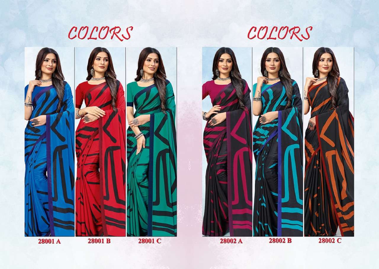 COLORS BY SUSHMA 28001-A TO 28002-C SERIES INDIAN TRADITIONAL WEAR COLLECTION BEAUTIFUL STYLISH FANCY COLORFUL PARTY WEAR & OCCASIONAL WEAR CREPE SAREES AT WHOLESALE PRICE