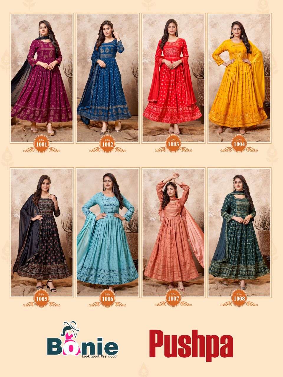 PUSHPA BY BONIE 1001 TO 1008 SERIES BEAUTIFUL STYLISH FANCY COLORFUL CASUAL WEAR & ETHNIC WEAR PURE RAYON GOWNS WITH DUPATTA AT WHOLESALE PRICE