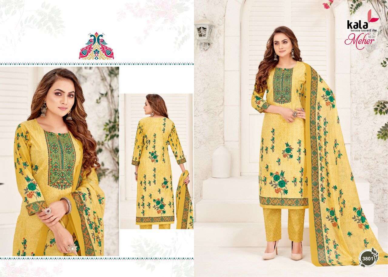 MEHER VOL-7 BY KALA 3801 TO 3812 SERIES BEAUTIFUL SUITS STYLISH FANCY COLORFUL PARTY WEAR & OCCASIONAL WEAR PURE PREMIUM COTTON DIGITAL PRINTED DRESSES AT WHOLESALE PRICE