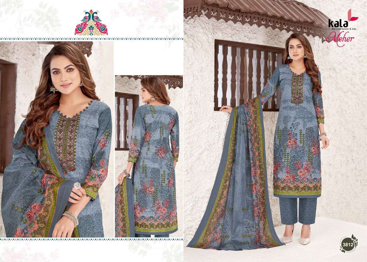 MEHER VOL-7 BY KALA 3801 TO 3812 SERIES BEAUTIFUL SUITS STYLISH FANCY COLORFUL PARTY WEAR & OCCASIONAL WEAR PURE PREMIUM COTTON DIGITAL PRINTED DRESSES AT WHOLESALE PRICE