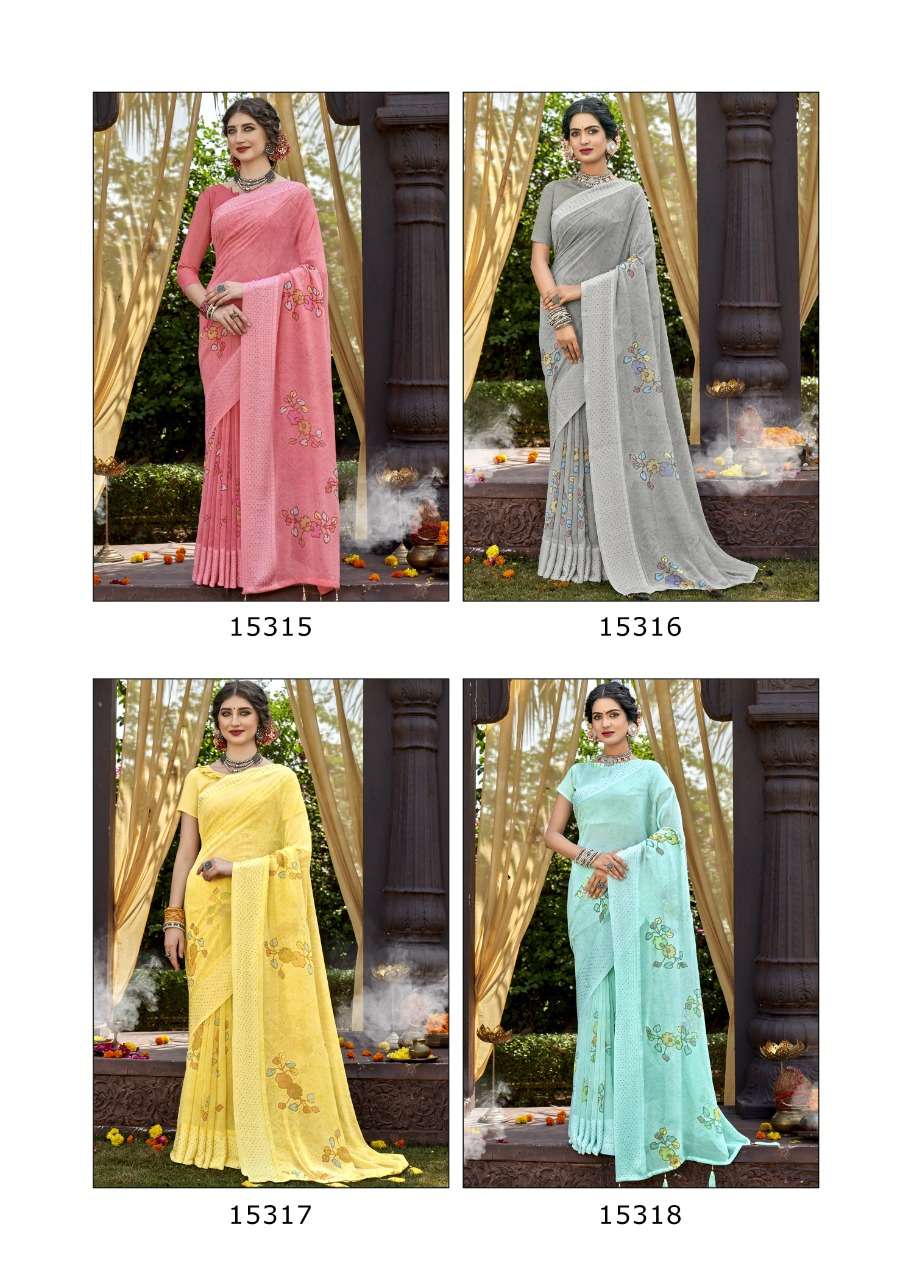 SUNRISE BY VALLABHI PRINTS 15311 TO 15318 SERIES INDIAN TRADITIONAL WEAR COLLECTION BEAUTIFUL STYLISH FANCY COLORFUL PARTY WEAR & OCCASIONAL WEAR GEORGETTE PRINTS SAREES AT WHOLESALE PRICE