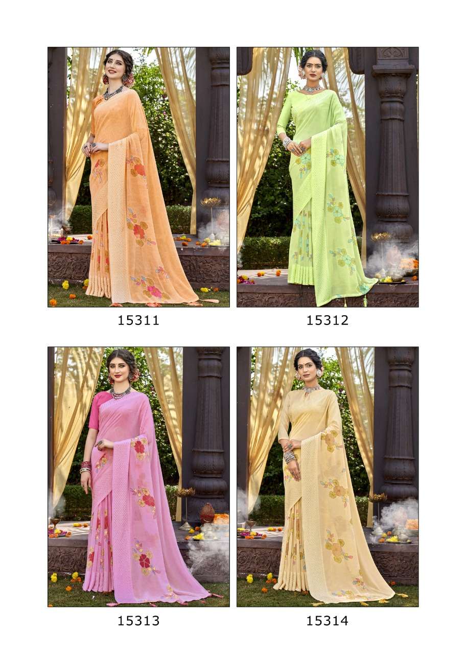 SUNRISE BY VALLABHI PRINTS 15311 TO 15318 SERIES INDIAN TRADITIONAL WEAR COLLECTION BEAUTIFUL STYLISH FANCY COLORFUL PARTY WEAR & OCCASIONAL WEAR GEORGETTE PRINTS SAREES AT WHOLESALE PRICE