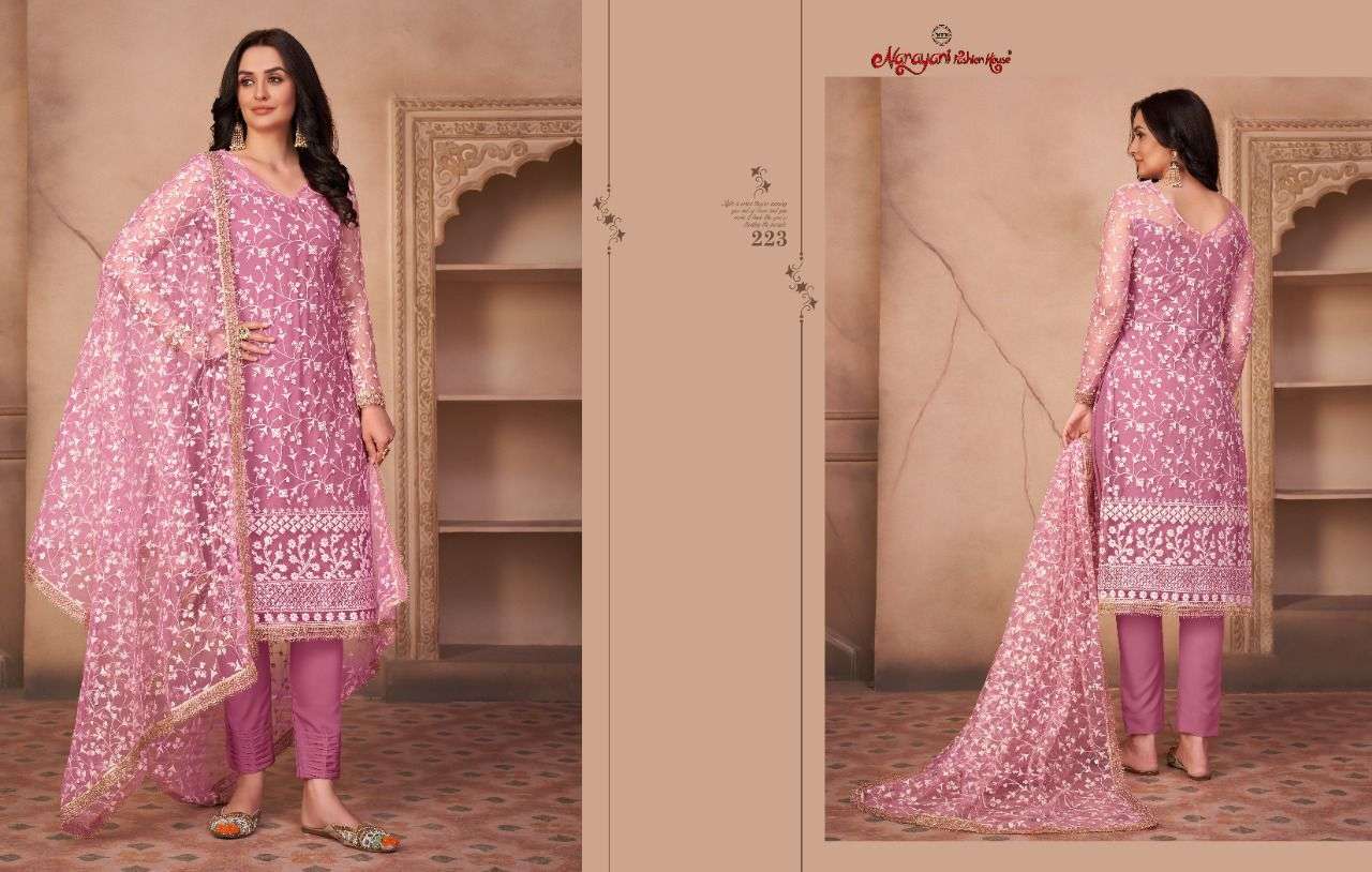 Zehra Vol-1 By Narayani Fashion Hub 221 To 224 Series Beautiful Suits Colorful Stylish Fancy Casual Wear & Ethnic Wear Mono Net Dresses At Wholesale Price