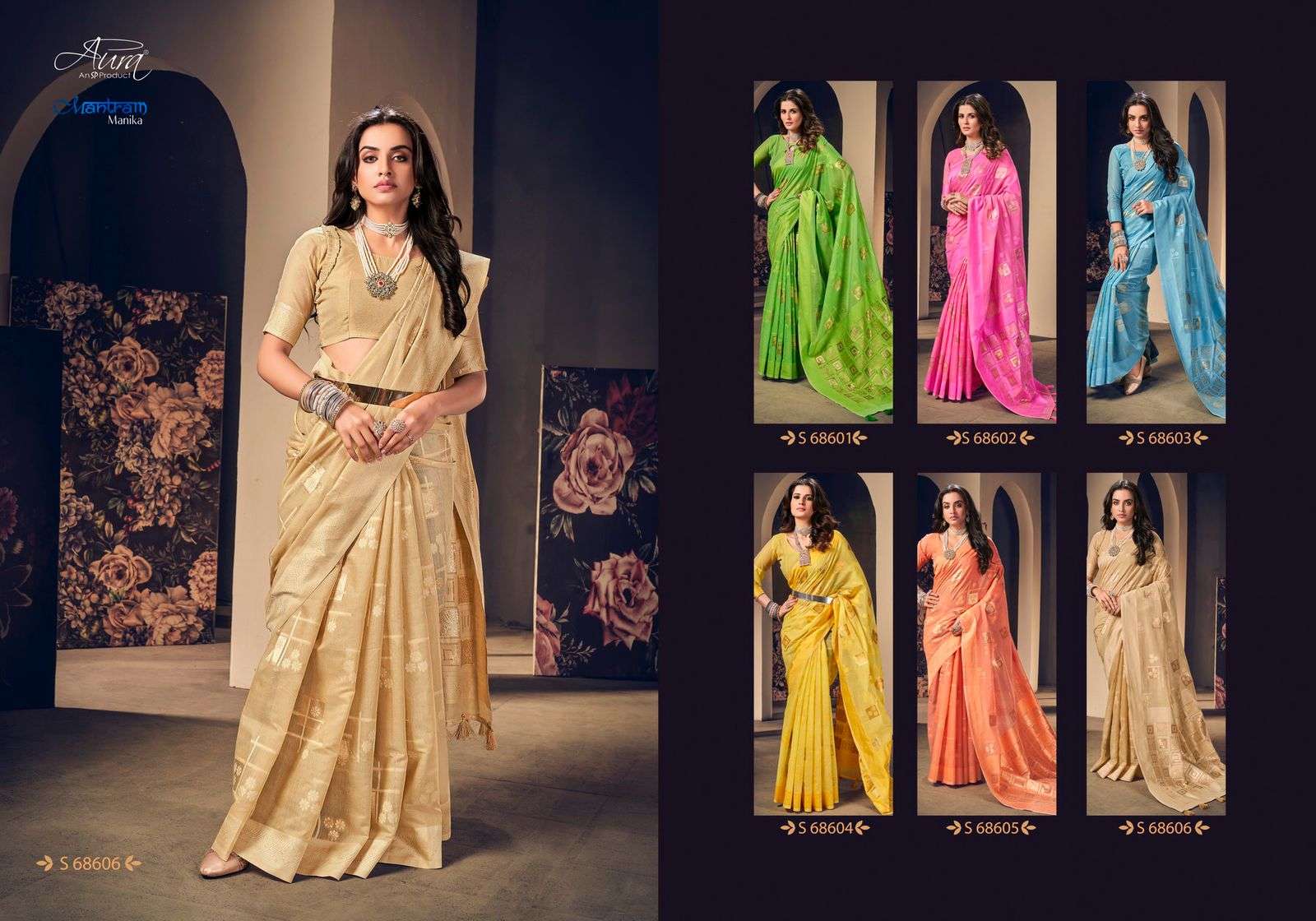 MANTRAM MANIKA BY AURA 68601 TO 68606 SERIES INDIAN TRADITIONAL WEAR COLLECTION BEAUTIFUL STYLISH FANCY COLORFUL PARTY WEAR & OCCASIONAL WEAR SOFT COTTON SAREES AT WHOLESALE PRICE