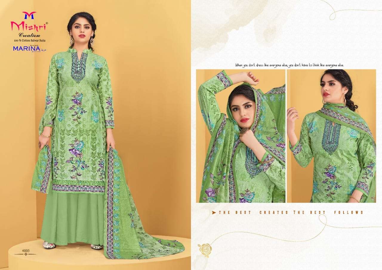MARINA VOL-4 BY MISHRI CREATION 4001 TO 4010 SERIES BEAUTIFUL STYLISH SHARARA SUITS FANCY COLORFUL CASUAL WEAR & ETHNIC WEAR & READY TO WEAR COTTON PRINTED DRESSES AT WHOLESALE PRICE