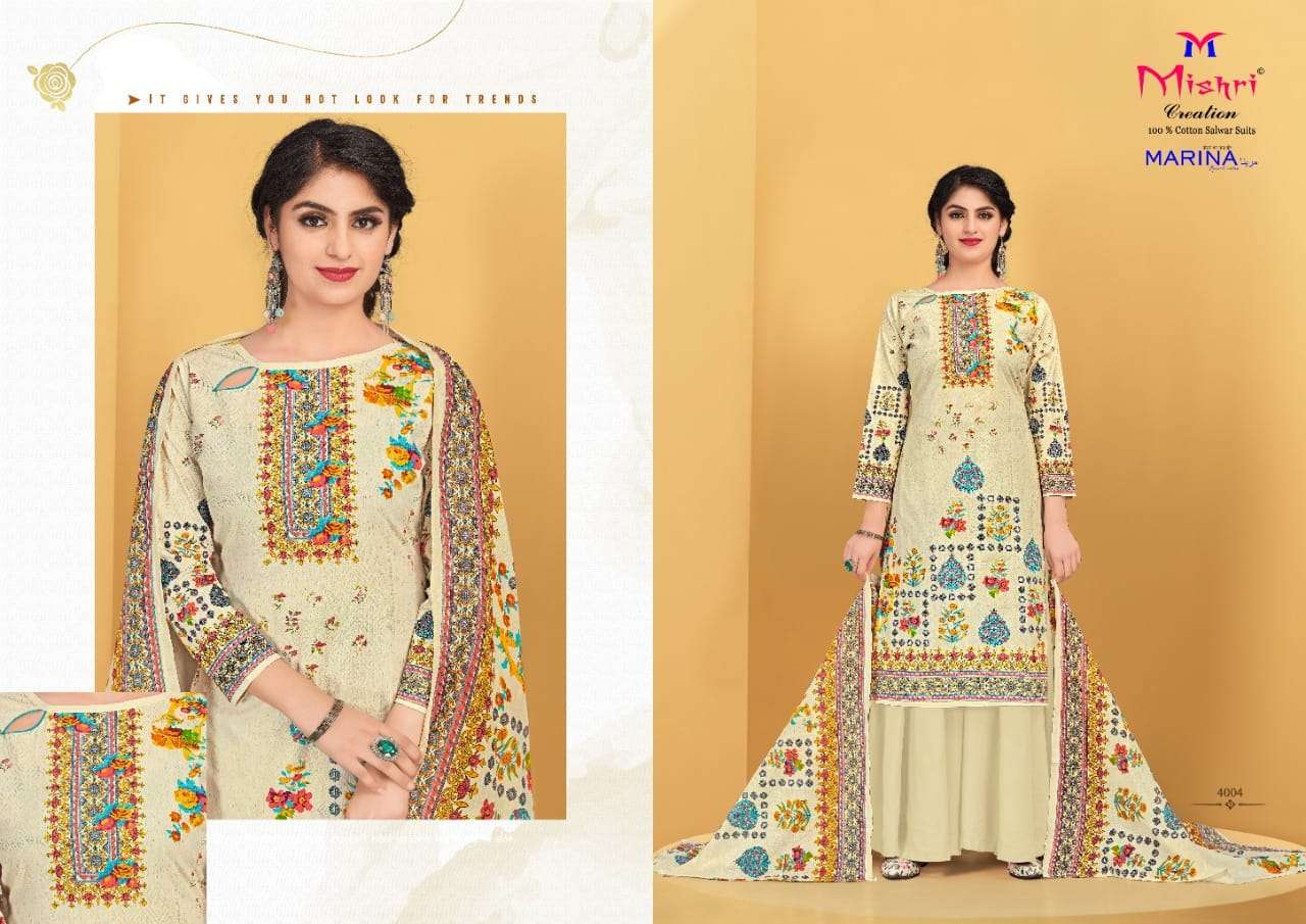 MARINA VOL-4 BY MISHRI CREATION 4001 TO 4010 SERIES BEAUTIFUL STYLISH SHARARA SUITS FANCY COLORFUL CASUAL WEAR & ETHNIC WEAR & READY TO WEAR COTTON PRINTED DRESSES AT WHOLESALE PRICE