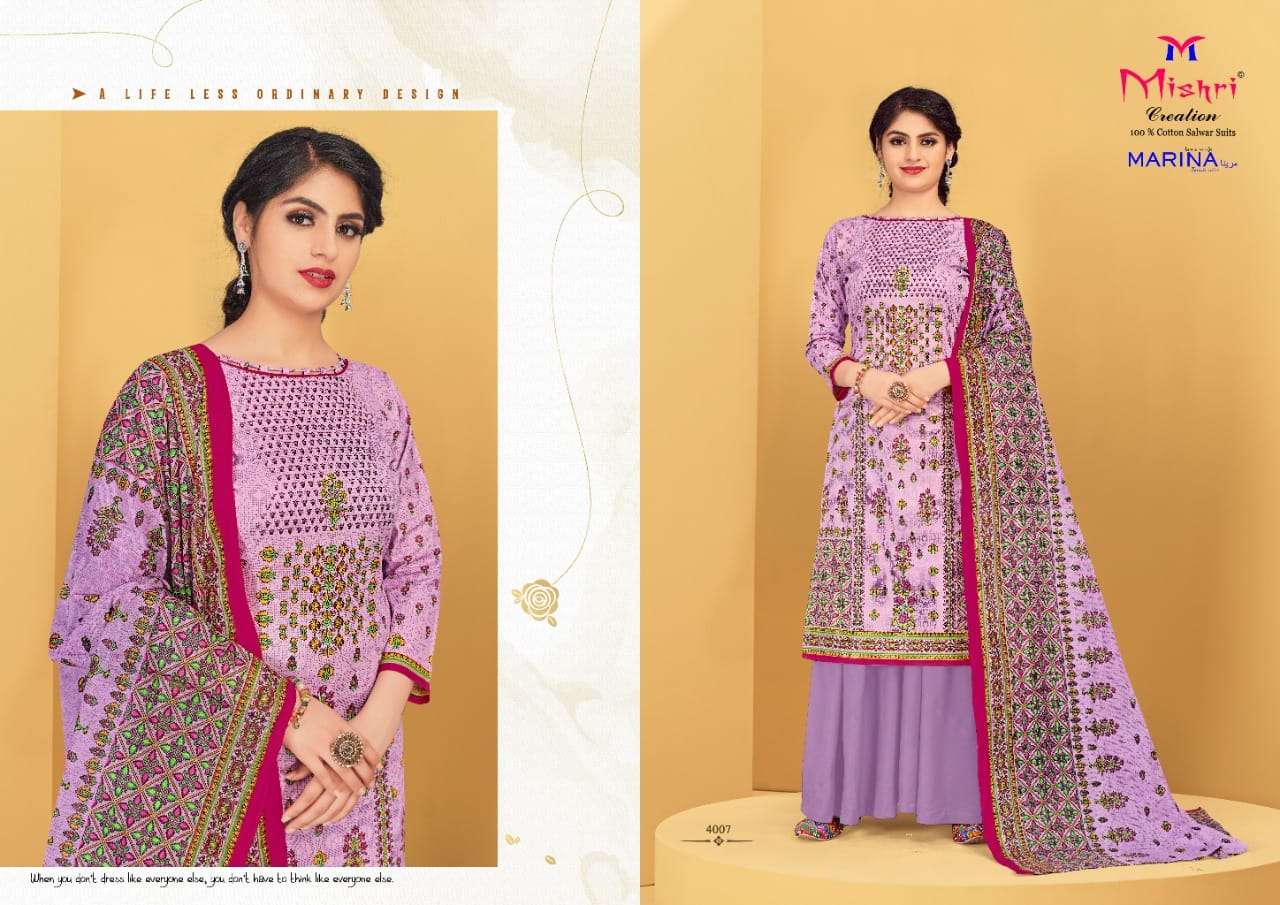 MARINA VOL-4 BY MISHRI CREATION 4001 TO 4010 SERIES BEAUTIFUL STYLISH SHARARA SUITS FANCY COLORFUL CASUAL WEAR & ETHNIC WEAR & READY TO WEAR COTTON PRINTED DRESSES AT WHOLESALE PRICE