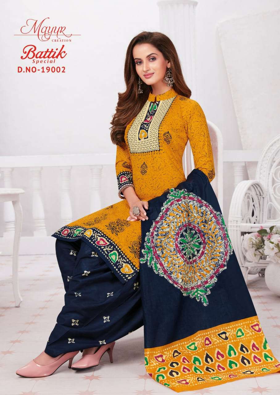BATIK SPECIAL VOL-19 BY MAYUR CREATION 19001 TO 19015 SERIES BEAUTIFUL SUITS STYLISH FANCY COLORFUL PARTY WEAR & OCCASIONAL WEAR COTTON PRINT DRESSES AT WHOLESALE PRICE