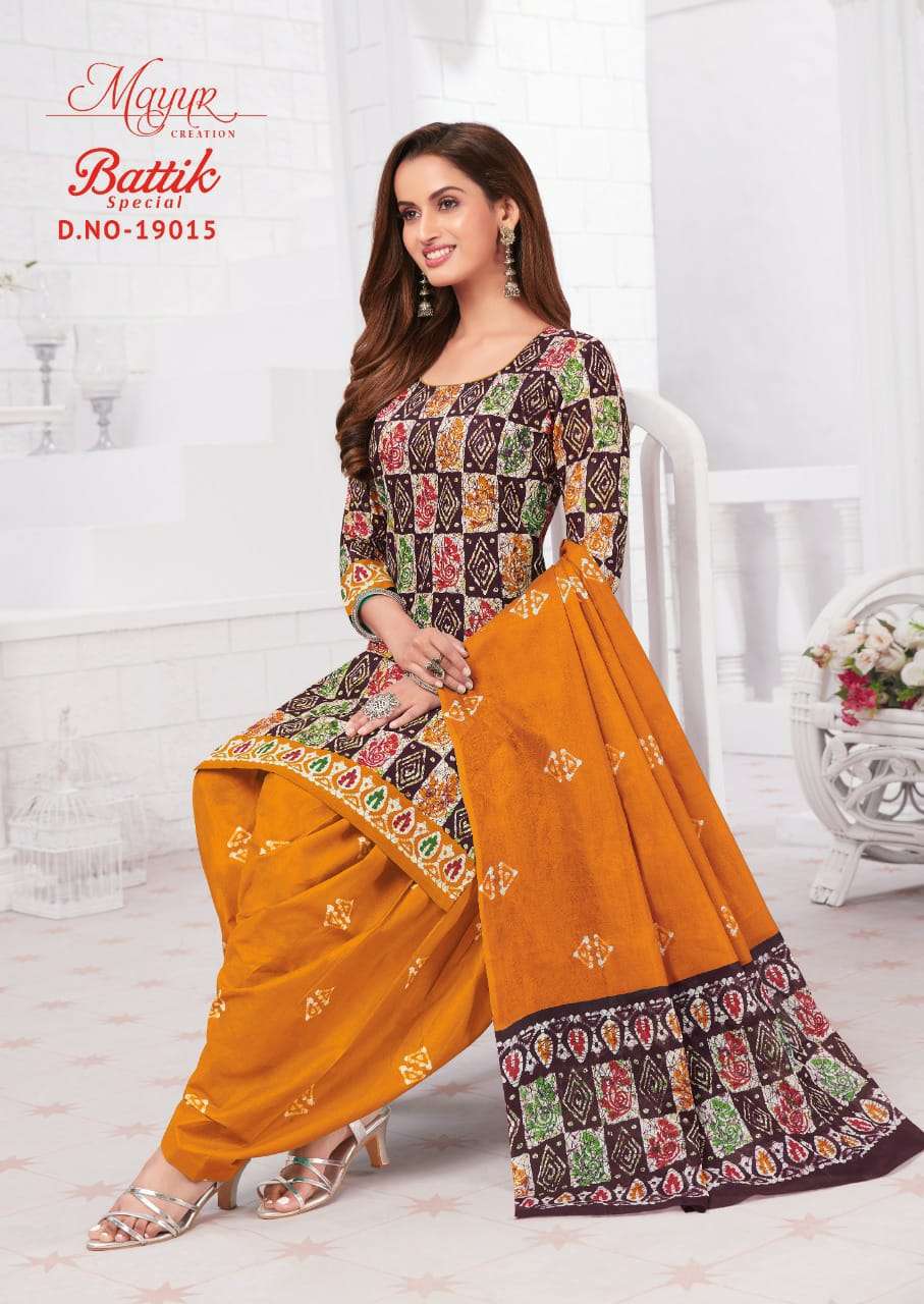 BATIK SPECIAL VOL-19 BY MAYUR CREATION 19001 TO 19015 SERIES BEAUTIFUL SUITS STYLISH FANCY COLORFUL PARTY WEAR & OCCASIONAL WEAR COTTON PRINT DRESSES AT WHOLESALE PRICE