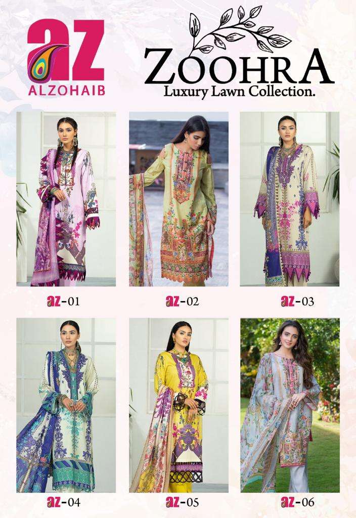 Zoohra By Alzohaib 01 To 06 Series Designer Festive Suits Beautiful Stylish Fancy Colorful Party Wear & Occasional Wear Pure Lawn Cotton Print Dresses At Wholesale Price