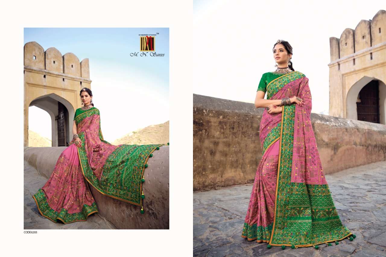 KACCHHI WORK VOL-3 BY M N SAREES 6201 TO 6206 SERIES INDIAN TRADITIONAL WEAR COLLECTION BEAUTIFUL STYLISH FANCY COLORFUL PARTY WEAR & OCCASIONAL WEAR BANARASI SILK SAREES AT WHOLESALE PRICE