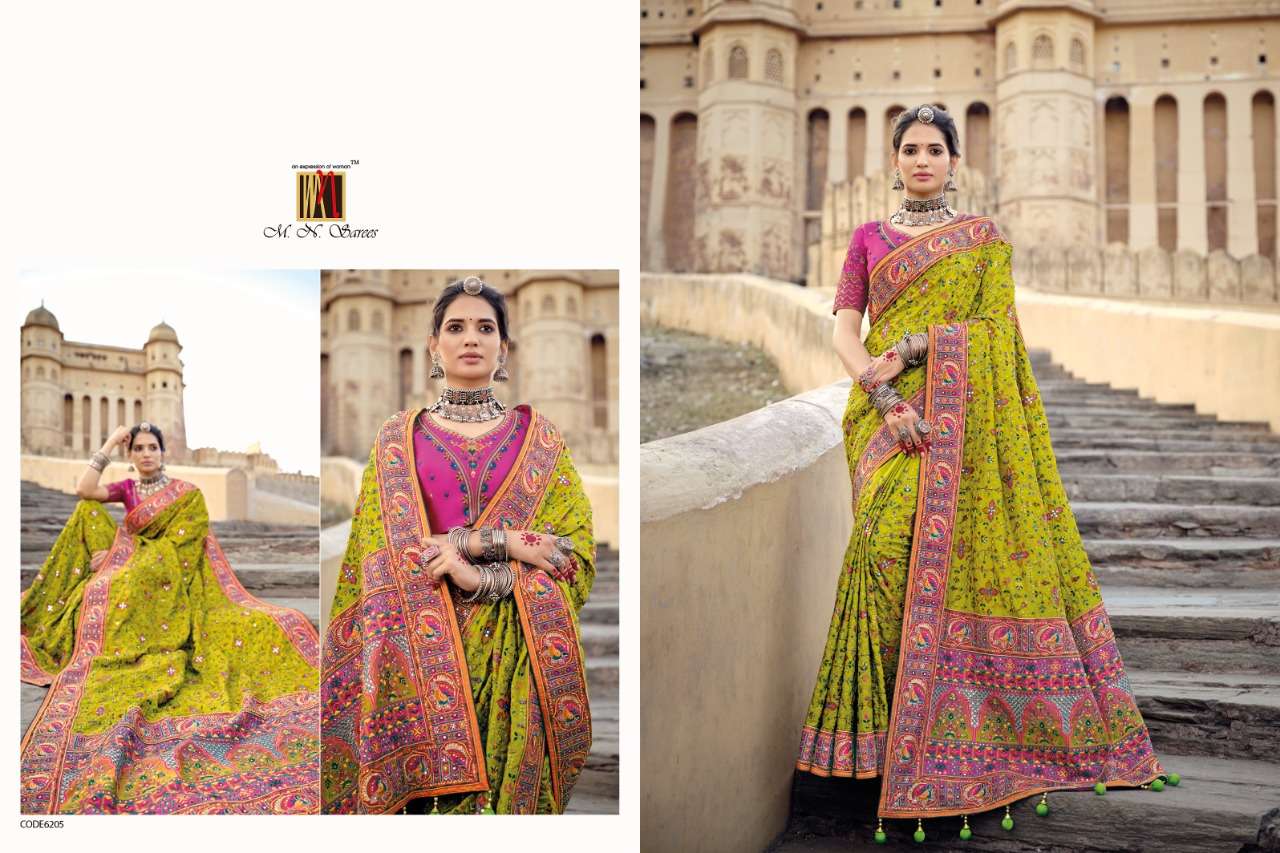 KACCHHI WORK VOL-3 BY M N SAREES 6201 TO 6206 SERIES INDIAN TRADITIONAL WEAR COLLECTION BEAUTIFUL STYLISH FANCY COLORFUL PARTY WEAR & OCCASIONAL WEAR BANARASI SILK SAREES AT WHOLESALE PRICE