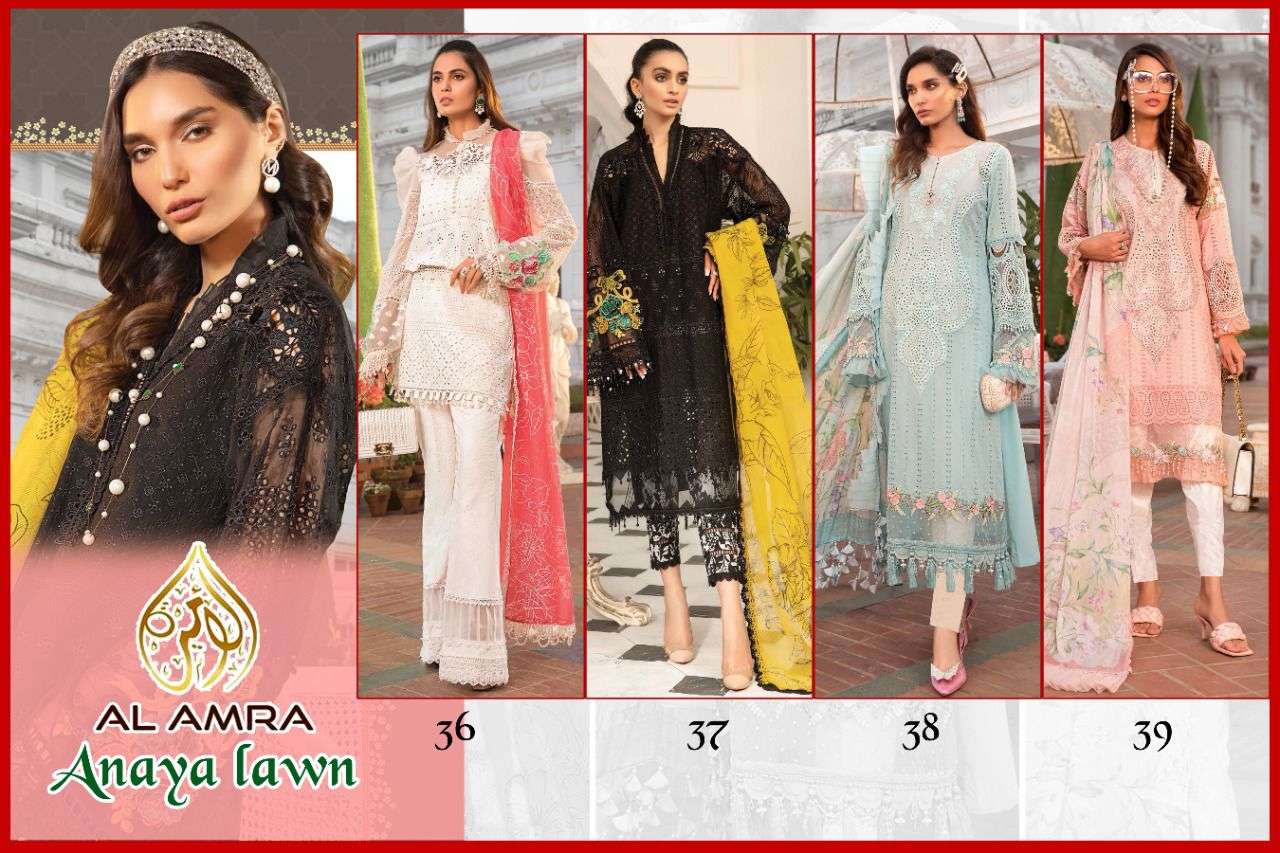 ANAYA LAWN 36 SERIES BY AL AMRA 36 TO 39 SERIES PAKISTANI SUITS BEAUTIFUL FANCY COLORFUL STYLISH PARTY WEAR & OCCASIONAL WEAR PURE CAMBRIC COTTON WITH EMBROIDERY DRESSES AT WHOLESALE PRICE