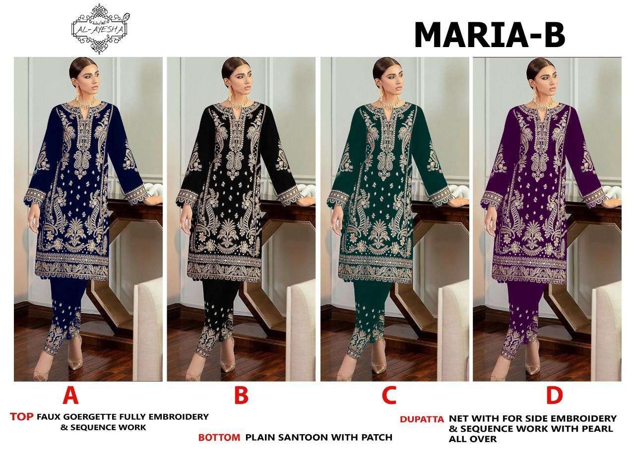 MARIA-B BY AL AYESHA A TO D SERIES DESIGNER PAKISTANI WEAR COLLECTION BEAUTIFUL STYLISH FANCY COLORFUL PARTY WEAR & OCCASIONAL WEAR FAUX GEORGETTE EMBROIDERED DRESSES AT WHOLESALE PRICE