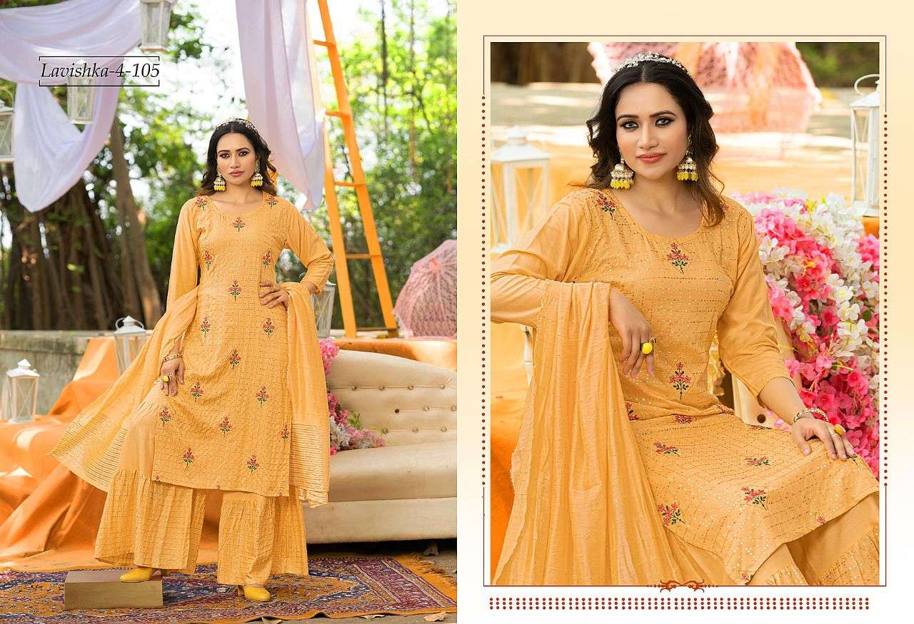 LAVISHKA VOL-4 BY MAIRA 101 TO 106 SERIES BEAUTIFUL SHARARA SUITS COLORFUL STYLISH FANCY CASUAL WEAR & ETHNIC WEAR HEAVY RAYON DRESSES AT WHOLESALE PRICE